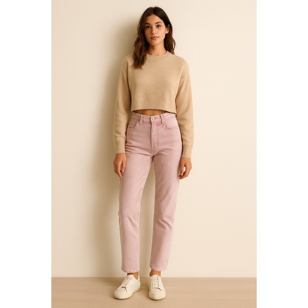 7 For All Mankind High Waist Cropped Straight Jeans Pink Acid Wash Size 26